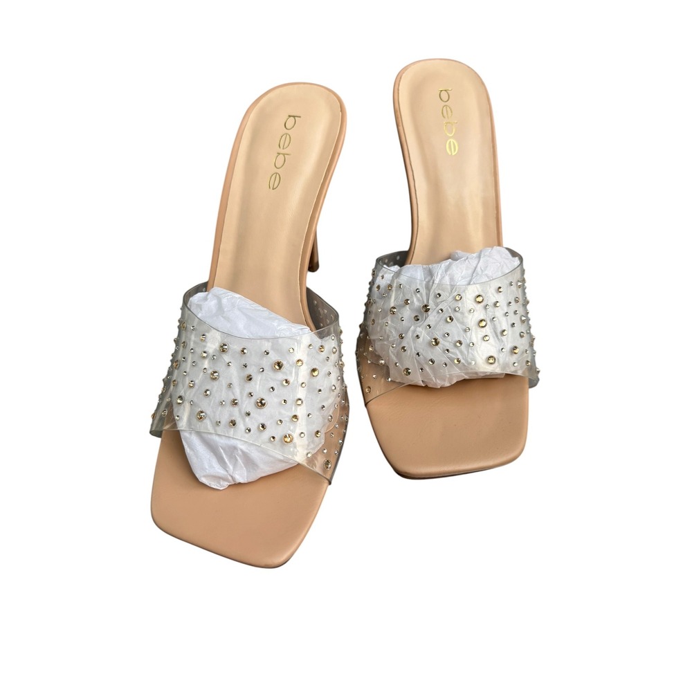 Bebe‎ Madilynn Nude Rhinestone Clear Strap Stiletto Heeled Sandals Mules Size 8